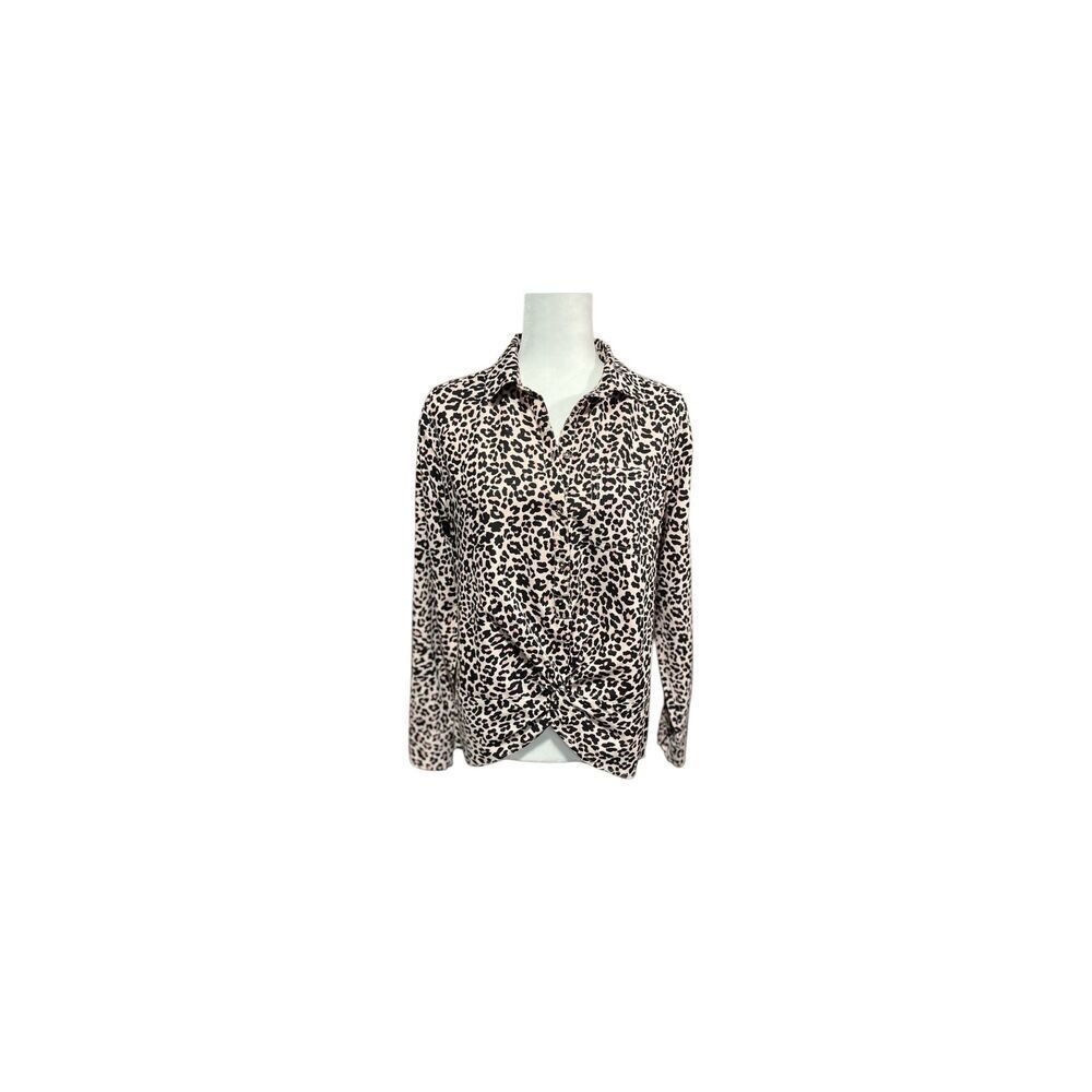 C&C California leopard print button front long sleeve blouse with gathered front